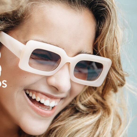 Blue Gem Rectangle Sunglasses with Thick Plastic Frame in Off White - Picture 1 of 4